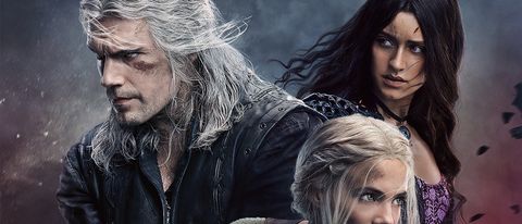 (L to R) Henry Cavill as Geralt, Freya Allan as Ciri and Anya Chalotra as Yennefer in key art for The Witcher