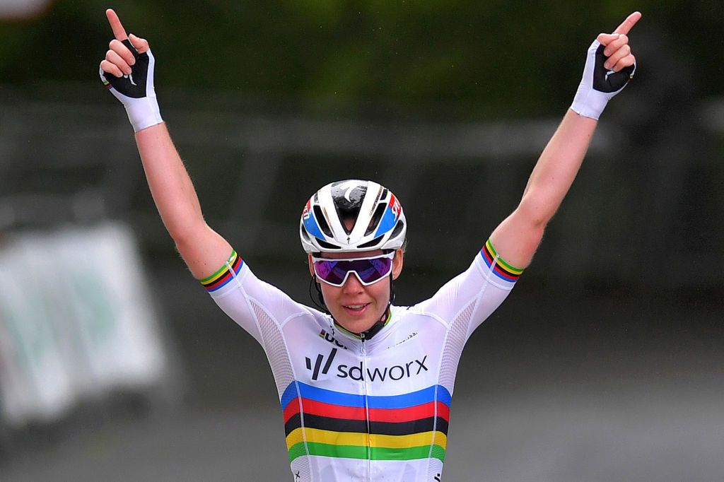 EIBAR SPAIN MAY 16 Anna Van Der Breggen of The Netherlands and Team SD Worx celebrates at arrival during the 3rd Gran Premio Ciudad De Eibar 2021 a 1172km race from Eibar to Arrate Alto Usartza 581m III Eibarko Hiria sari nagusia CiudaddeEibar21 CCEibarres on May 16 2021 in Eibar Spain Photo by Luc ClaessenGetty Images