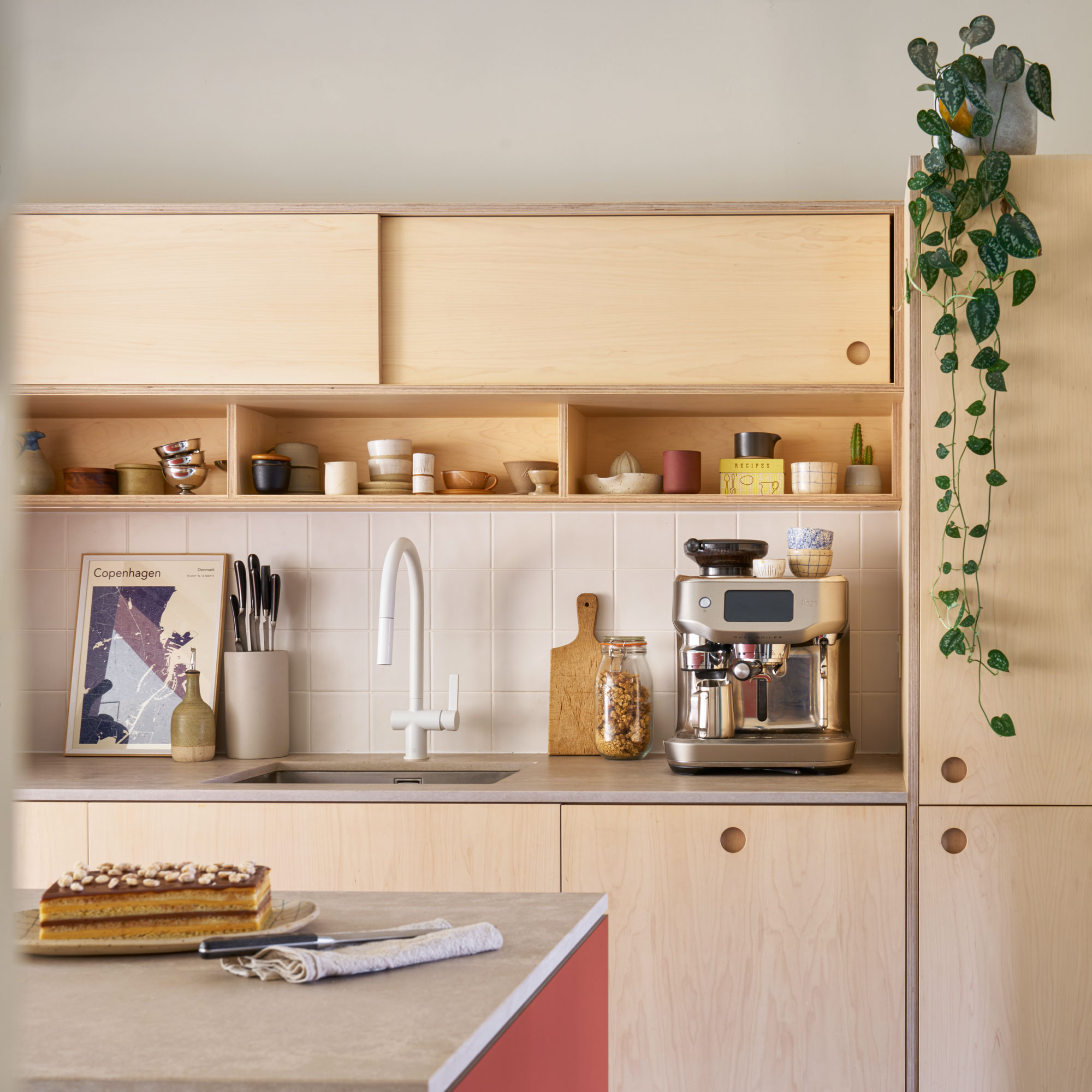 Plywood kitchen with a bean to cup coffee machine white tap, wooden chopping board and trailing houseplant on top of a cabinet.