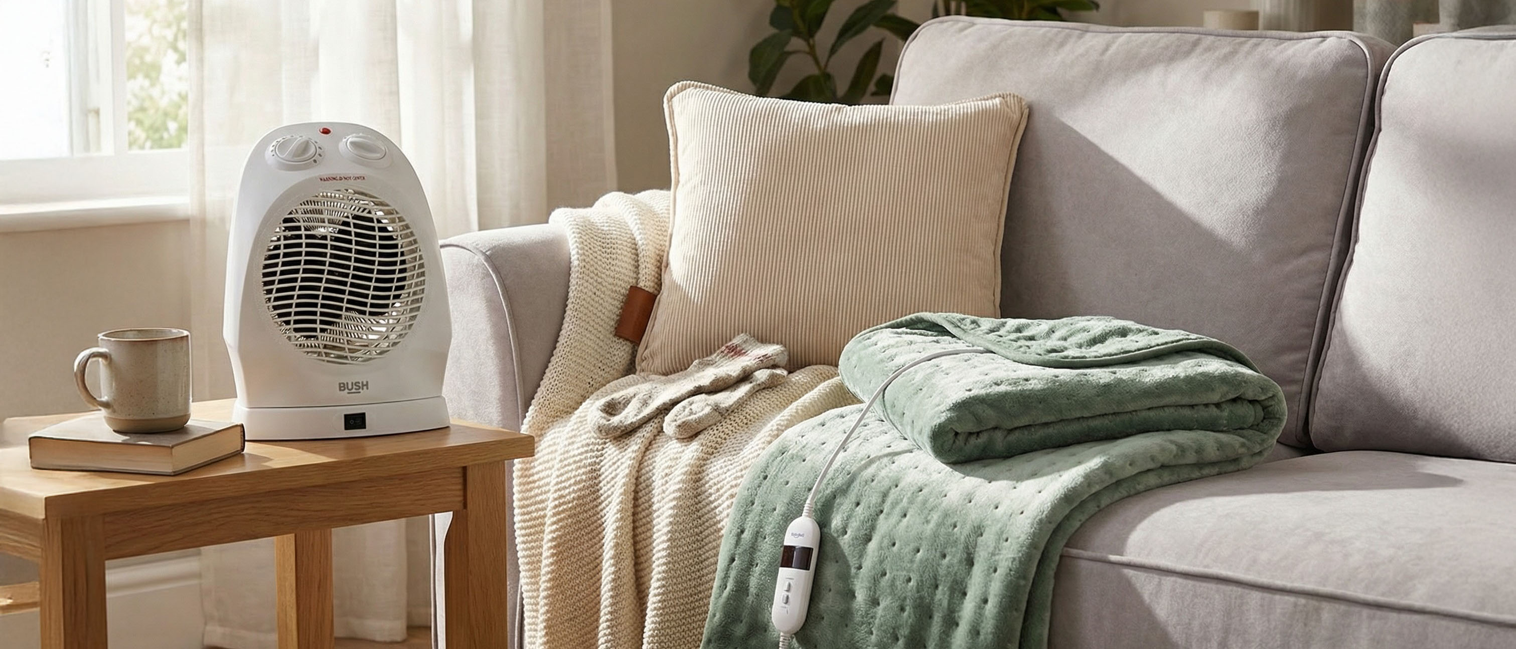 Fan heater, electric heated blanket, and heated pillow in cosy living room