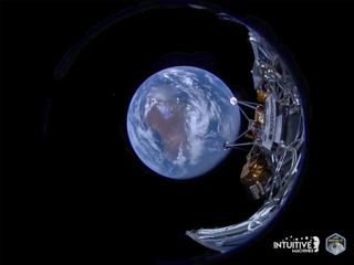 A fish-eye camera image of Earth taken by the Odysseus lander.