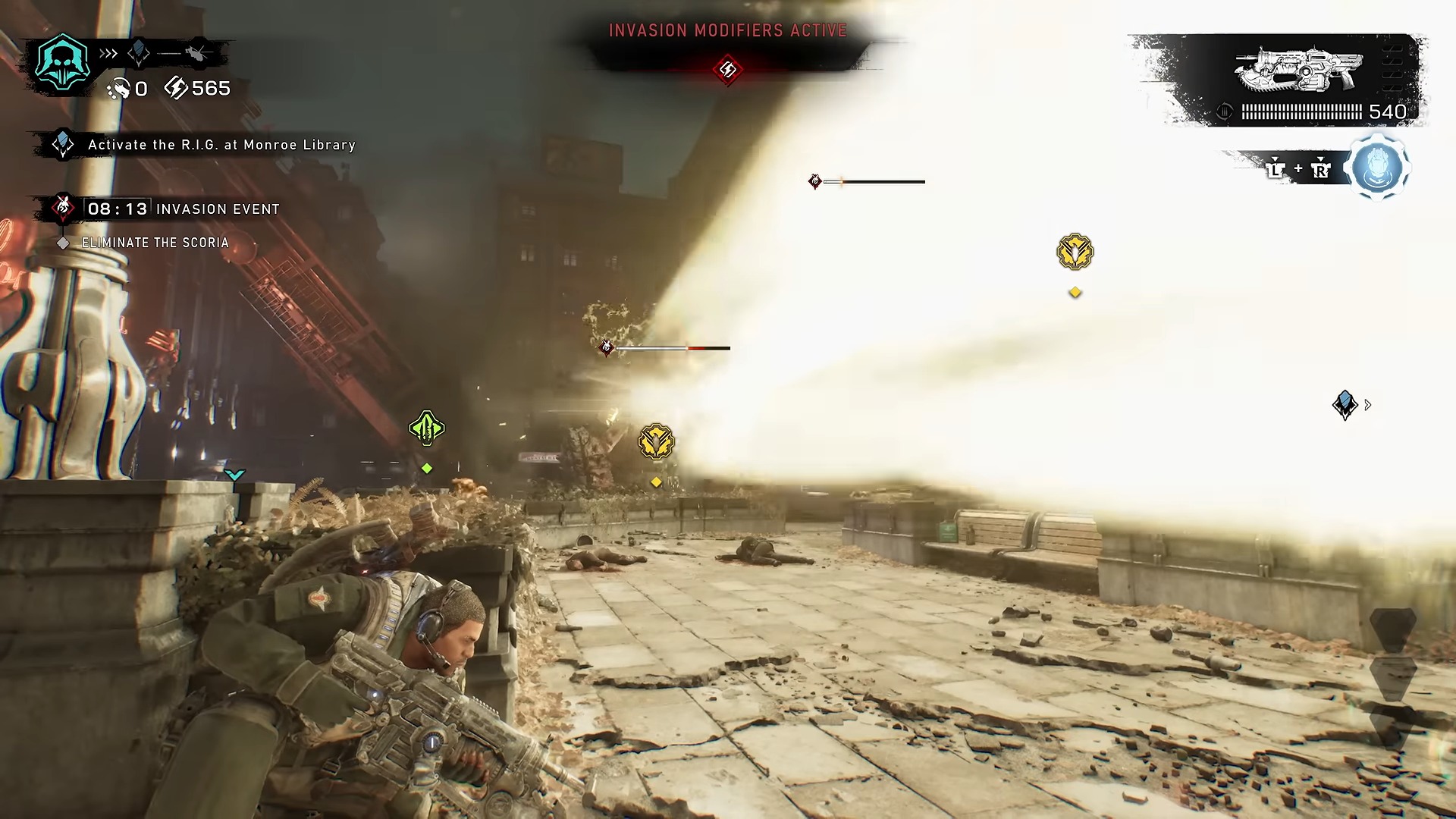 A soldier in tactical gear takes cover behind a stone wall while a bright, blinding explosion of light erupts in a ruined city street in a video game.