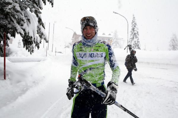 A snow-clad Vincenzo Nibali grins at the Liquigas winter training camp this week