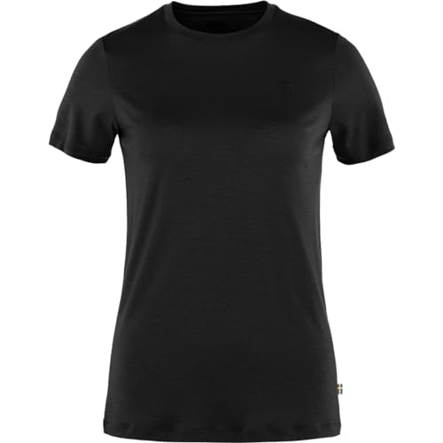 Fj&amp;auml;llr&amp;auml;ven Abisko Women's Short Sleeve Wool Shirt - Temperature Regulating, Quick-Dry, Merino Wool - Hiking, Trekking, Black, Medium