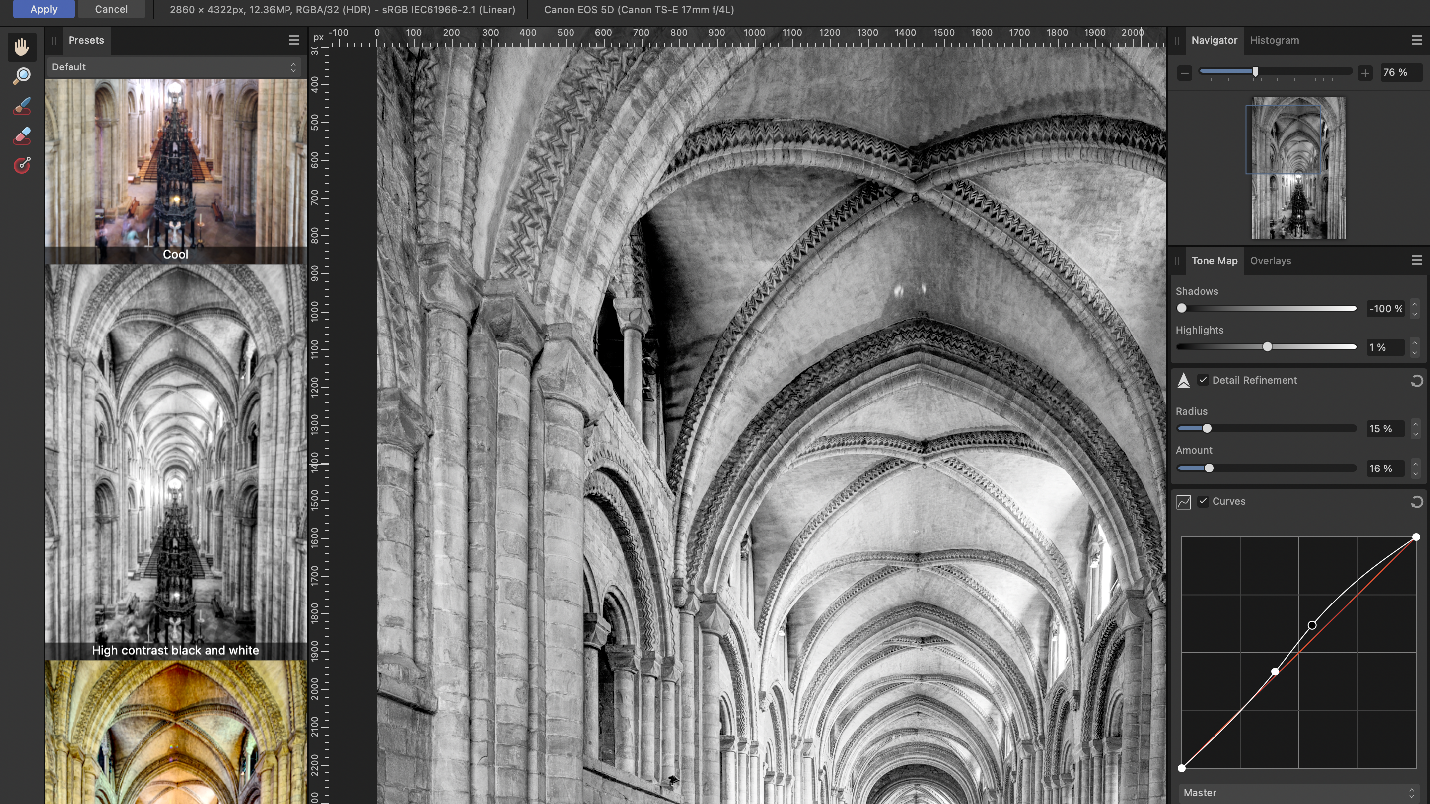 A black and white image editing interface showcasing a gothic cathedral interior with arches, a chandelier, and various preset options
