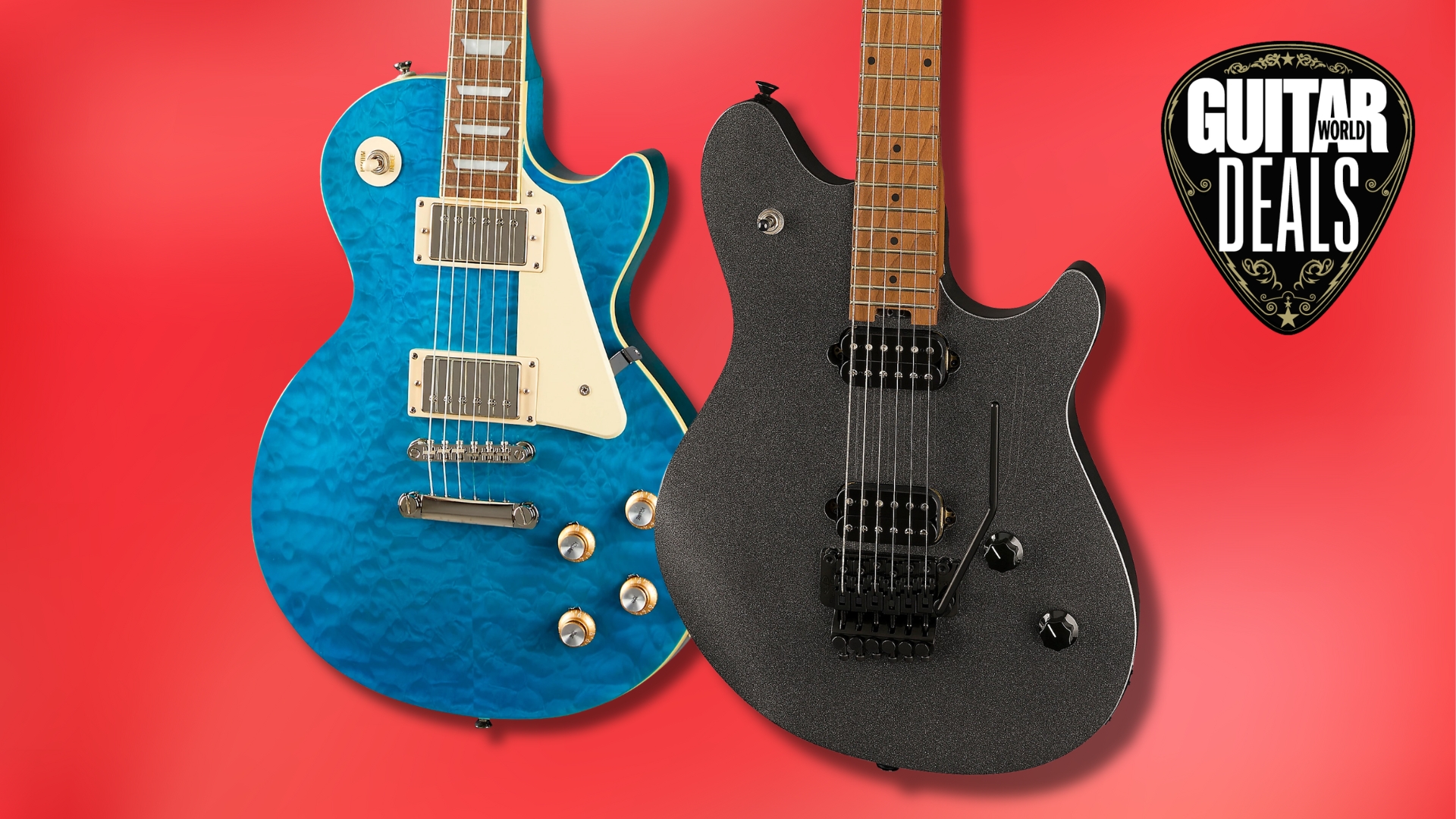 An EVH Wolfgang Standard and Epiphone Les Paul Standard 60s guitars on a red background