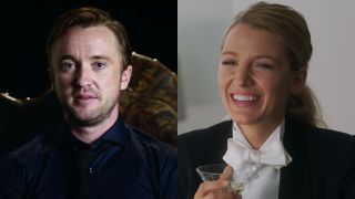Tom Felton speaks in Return to Hogwarts, while Emily Nelson (Blake Lively) smiles in A Simple Favor.