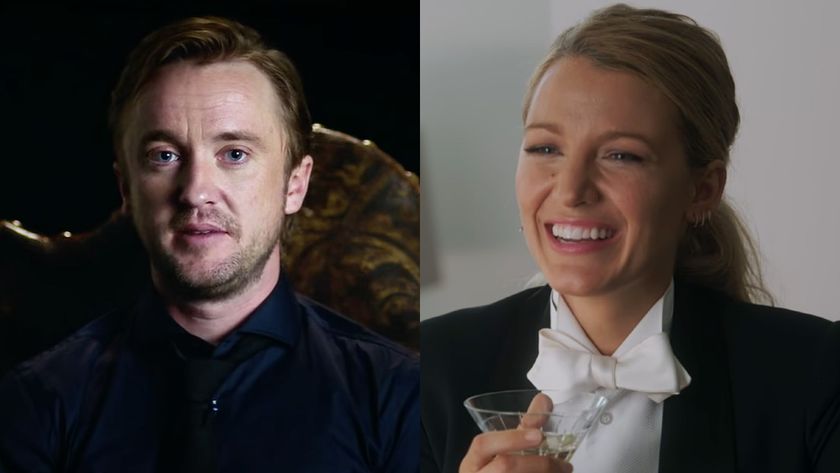 Tom Felton speaks in Return to Hogwarts, while Emily Nelson (Blake Lively) smiles in A Simple Favor.
