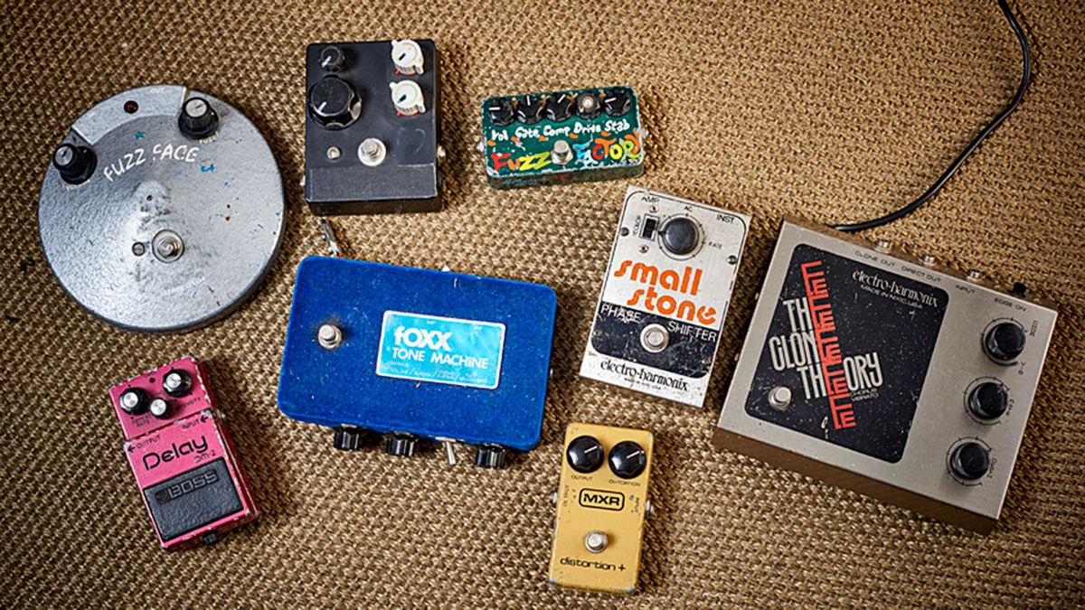 Clockwise from top left: Modified Fuzz Face, PH Pedals 8 Ball Octave, Z.Vex Fuzz Factory, Electro Harmonix Small Stone, Electro Harmonix The Clone Theory, MXR Distortion+, fOXX Tone Machine, Boss DM-2