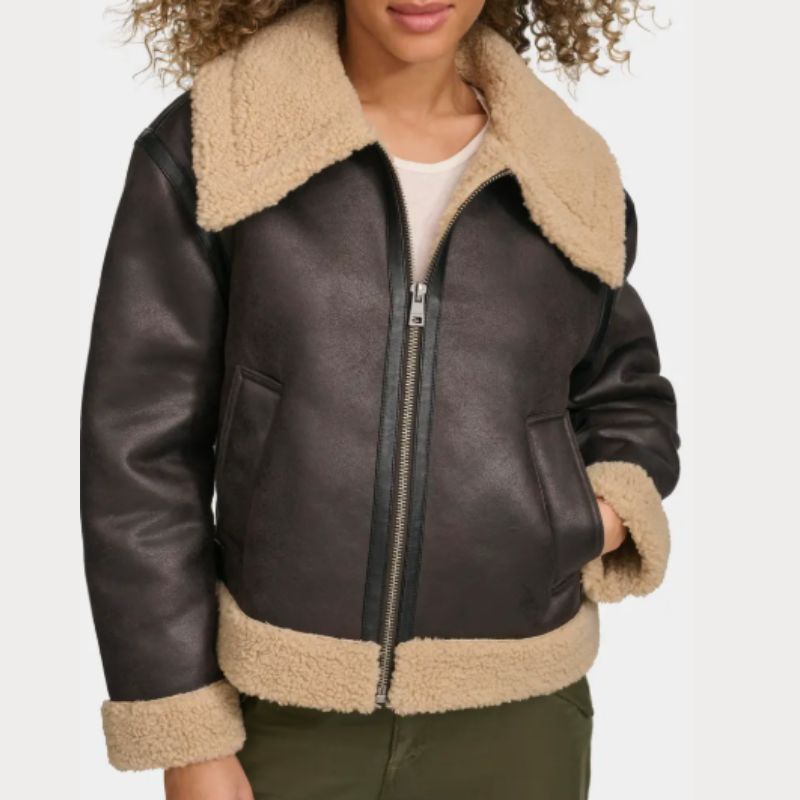 faux-leather aviator jacket with faux-shearling trim