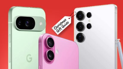 Three phones on a red Christmas background