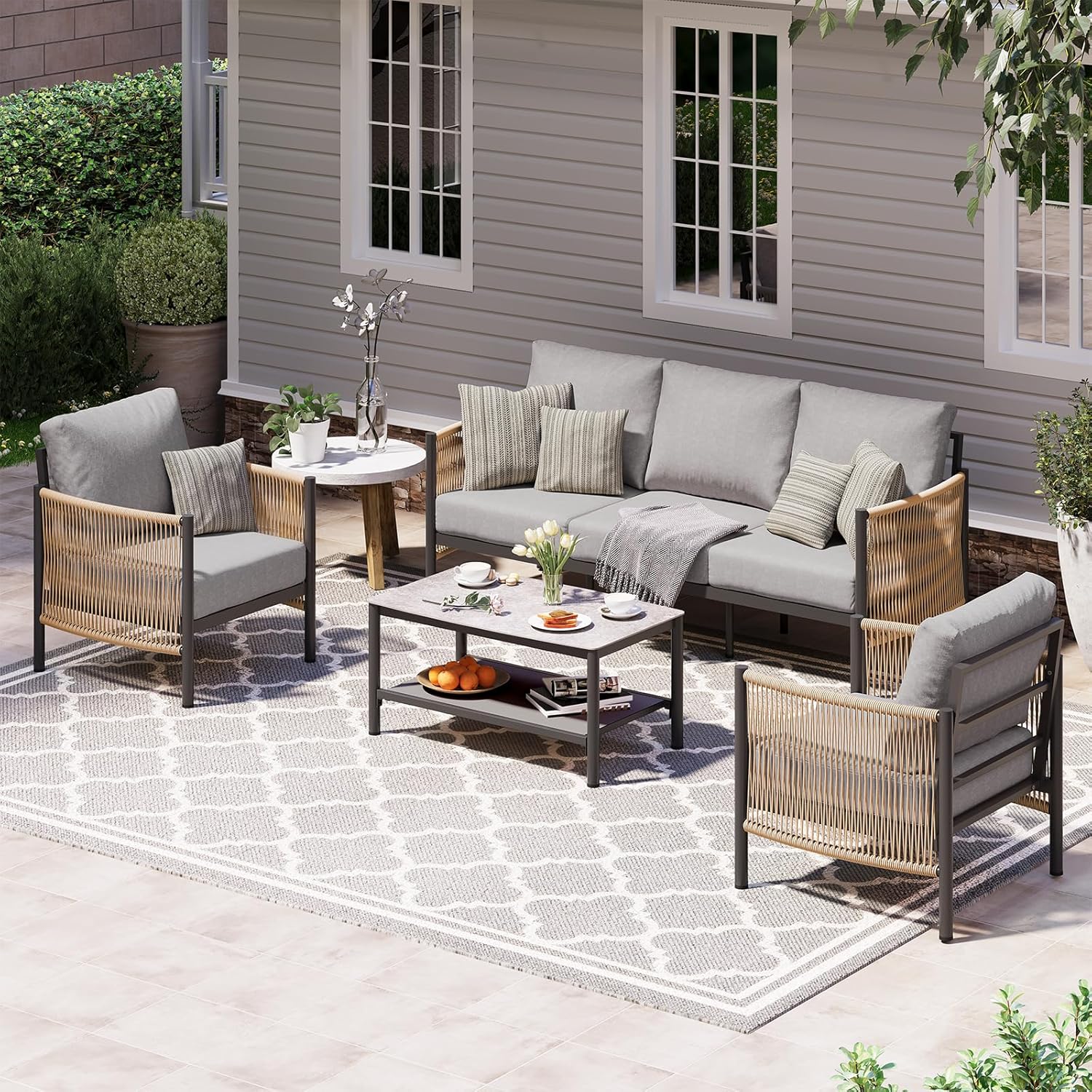 Oasbira Aluminum Outdoor Patio Furniture Set, Hdpe Rope 4 Piece Modern Sectional Conversation Sets With Dual-Layer Coffee Table, All Weather Patio Couch Sets With Thick Cushions, Gray Frame, Gray