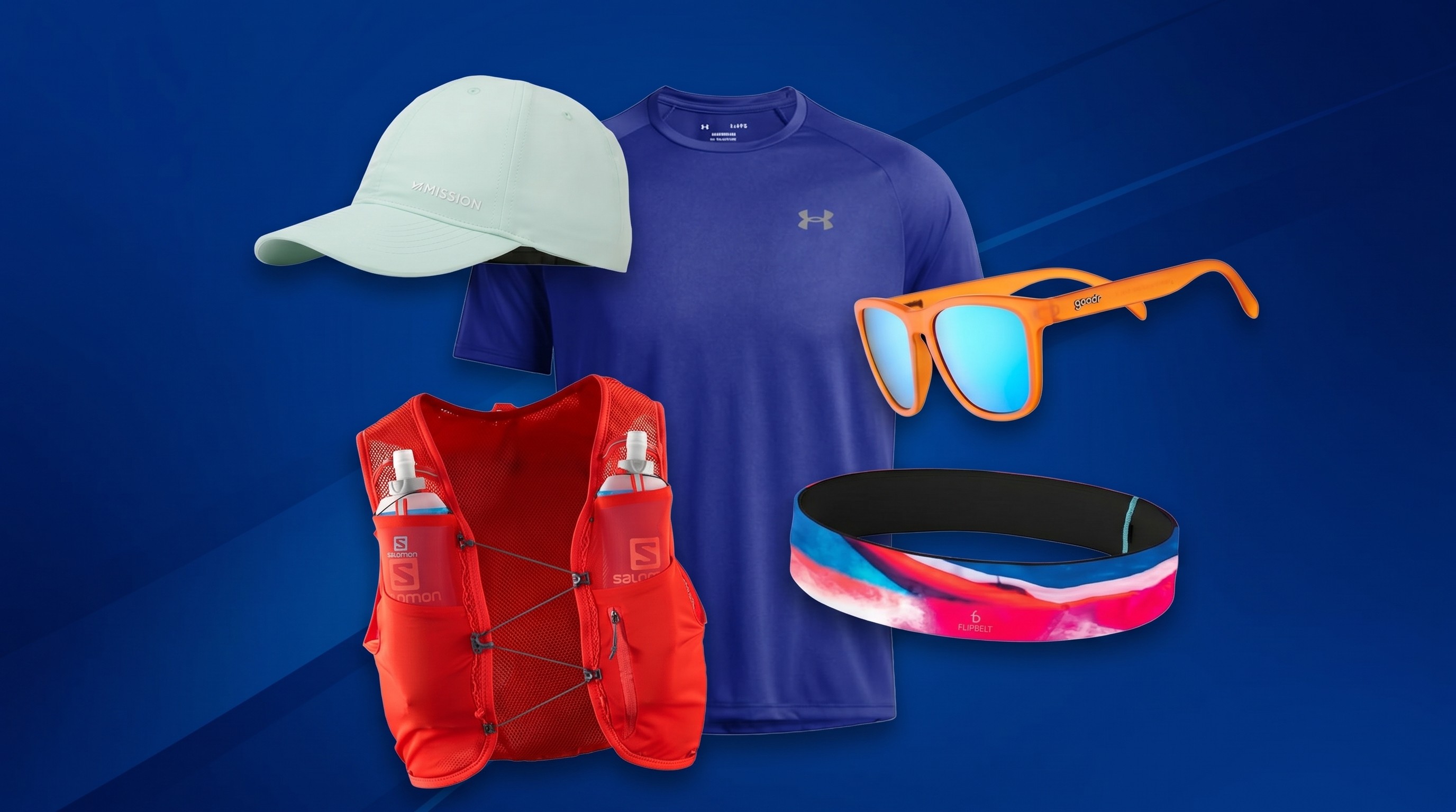 A running belt, hat, sunglasses, vest and t-shirt on a deep blue background