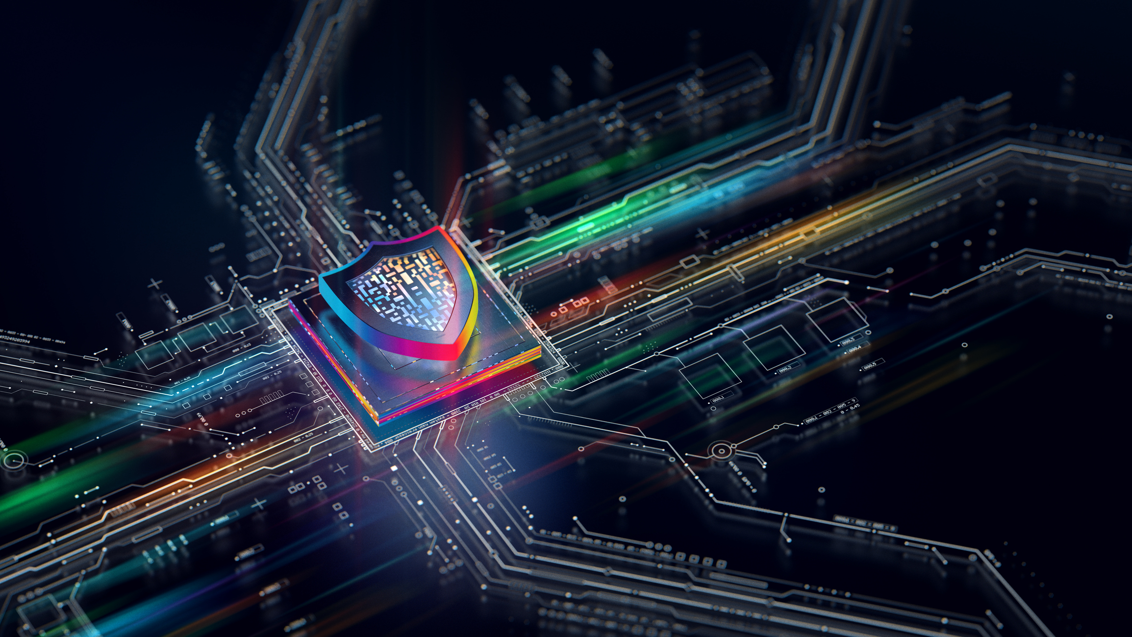 A shield on a computer chip to represent vulnerability management and cyber security patches. The shield is colored in rainbow colors, with fine points of light coming out of it to represent the energy flowing through the motherboard.