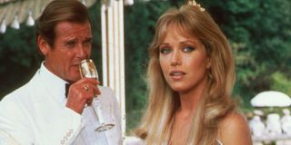 A View To A Kill Roger Moore has champagne with Tanya Roberts