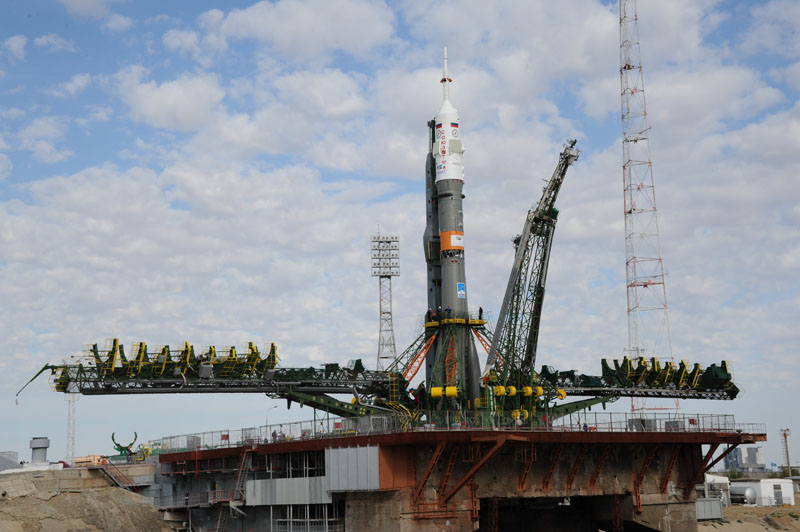 A Russian Soyuz rocket stands poised atop its launchpad at Baikonur Cosmodrome, Kazakhstan ahead of the Sept. 2 launch of a new three-man crew to the International Space Station. The rocket will launch Russian cosmonaut Sergei Volkov, Danish astronaut And