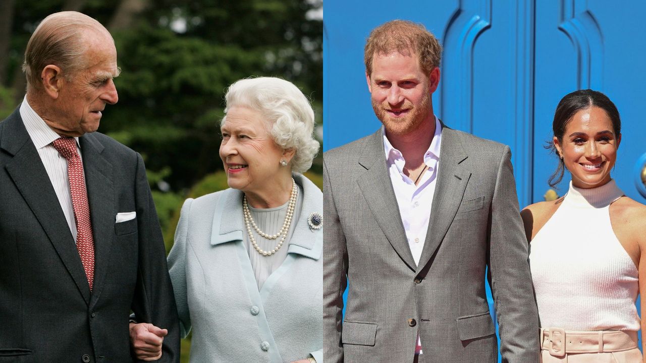 Queen and Prince Philip&#039;s love language that Meghan Markle shares. Seen here are the Queen and Prince Philip and Meghan and Prince Harry on separate occasions