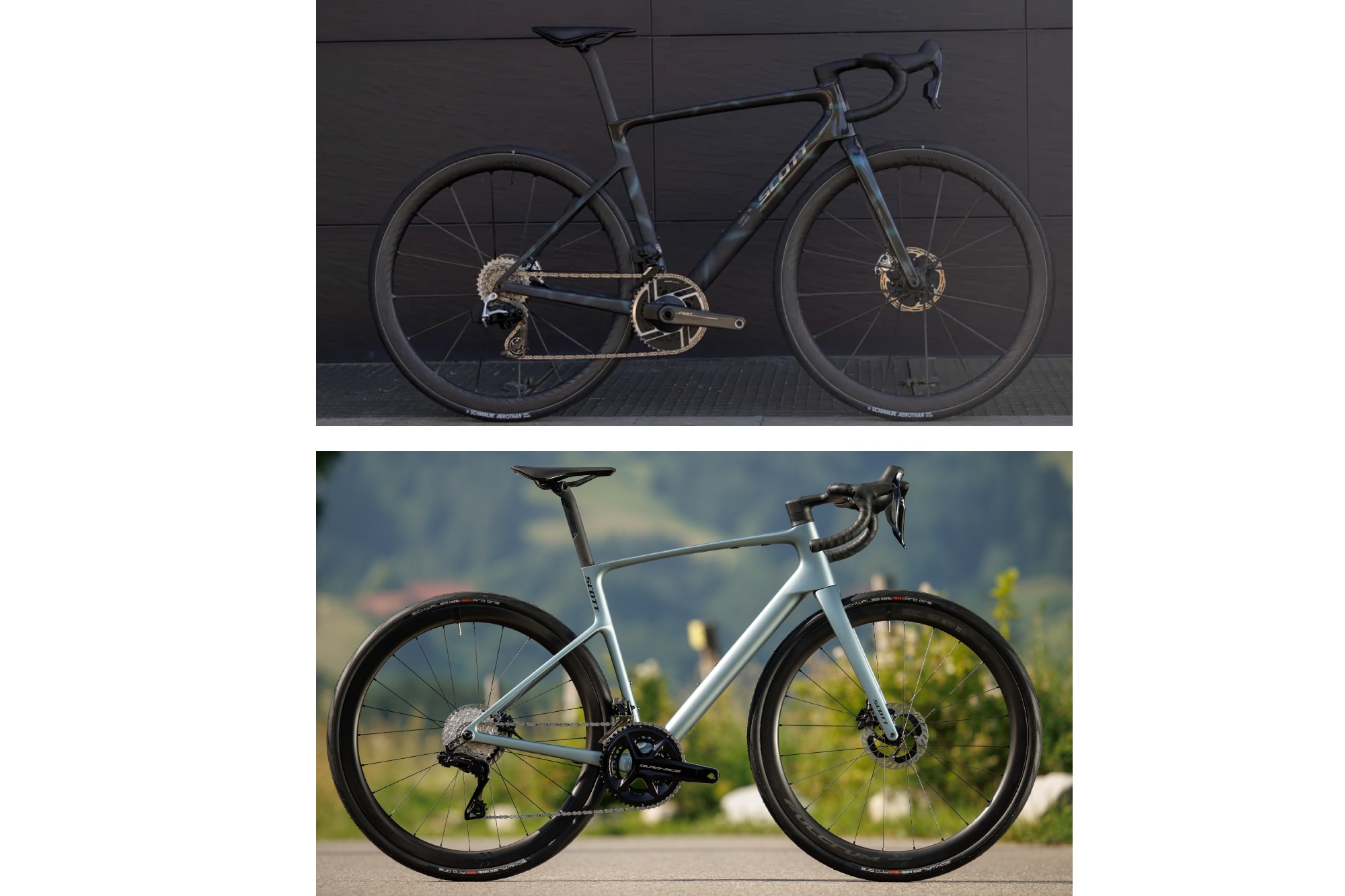 The Scott Addict RC above the Addict Premium to show difference in geomatry