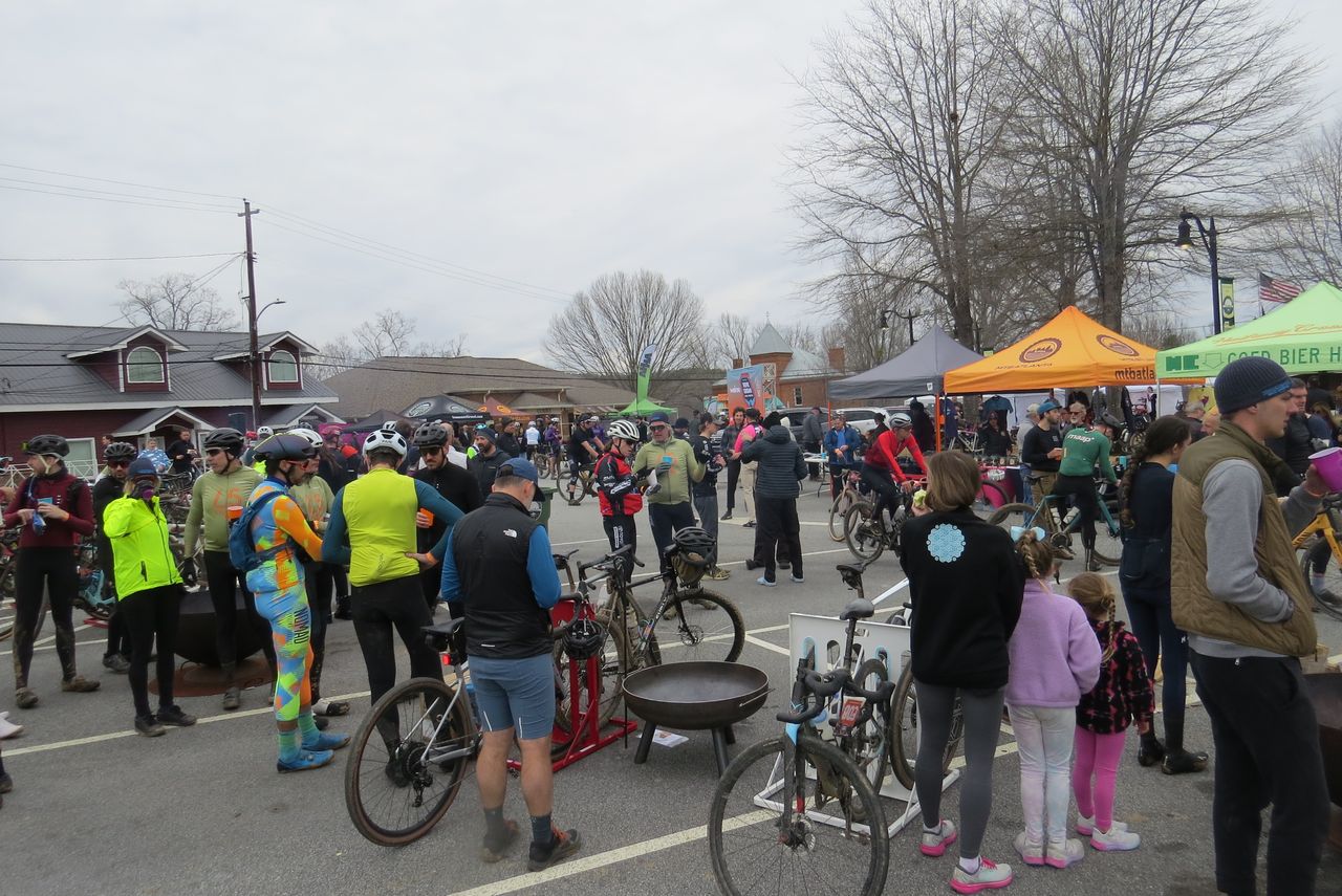 Fire pits at the finish line were popular on a chilly winter day in Franklin, Georgia