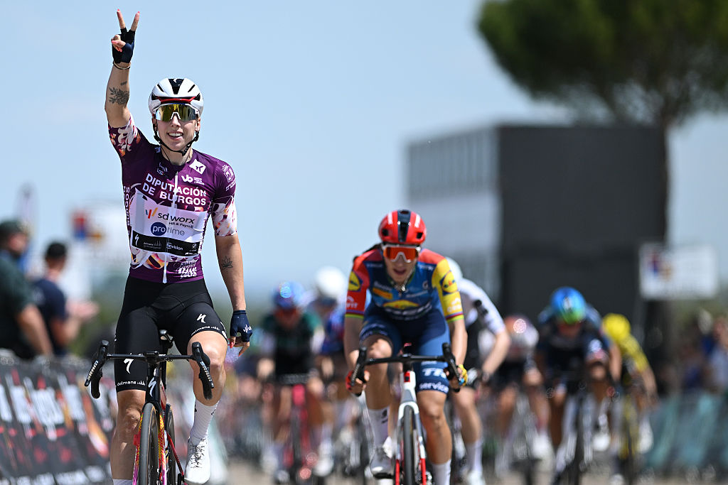 PEDROSA DEL DUERO, SPAIN - MAY 22: Lorena Wiebes of Netherlands and Team SD Worx - Protime - Purple Leader Jersey celebrates at finish line as stage winner during the 11th Vuelta a Burgos Feminas 2026, Stage 2 a 122km stage Castrojeriz to Bodega Vi&ntilde;a Pedrosa. Pedrosa de Duero / #UCIWWT / on May 22, 2026 in  Pedrosa de Duero, Spain. (Photo by Szymon Gruchalski/Getty Images)