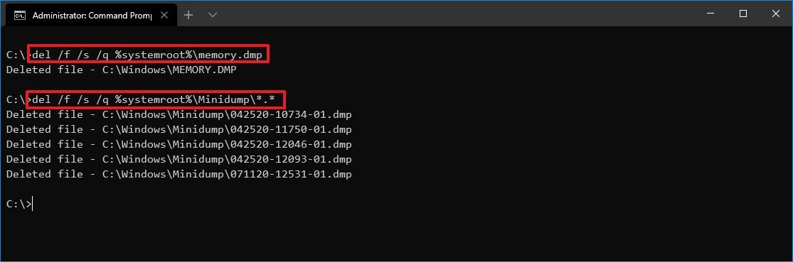 Command Prompt clear memory dump files