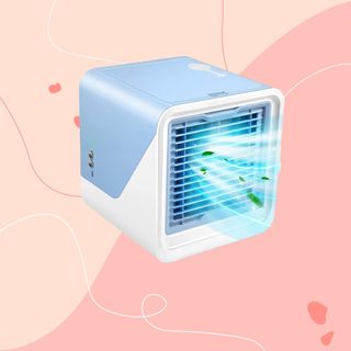 Blue air cooler with pink background