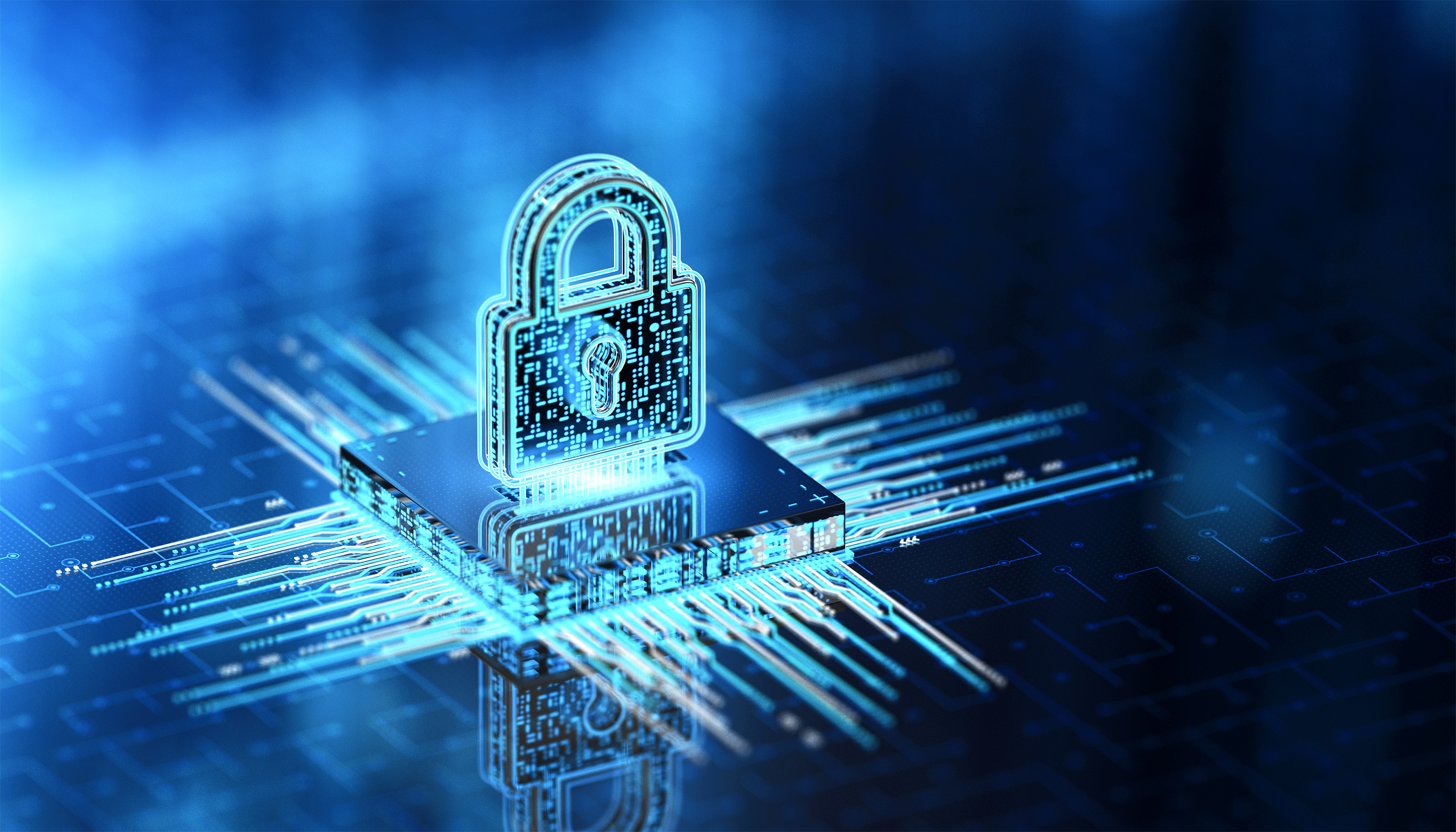 A glowing digital padlock on a circuit board, symbolizing cybersecurity. The blue tones and light effects convey a futuristic and secure feel.