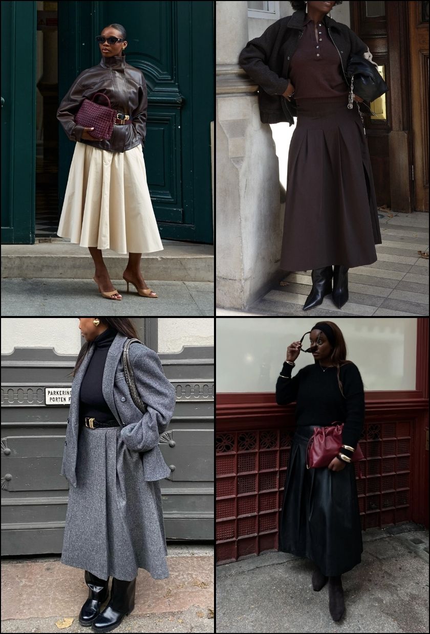 @rabia.cissokho wears a cream midi pleated skirt, @daniellejinadu wears a dark brown midi pleated skirt, @nnennaechem wears a grey midi pleated skirt, @iamnkirote wears a black midi pleated skirt