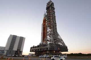 NASA's Artemis 1 stack rolls out to its launch pad for testing for the first time, on March 17, 2022. 