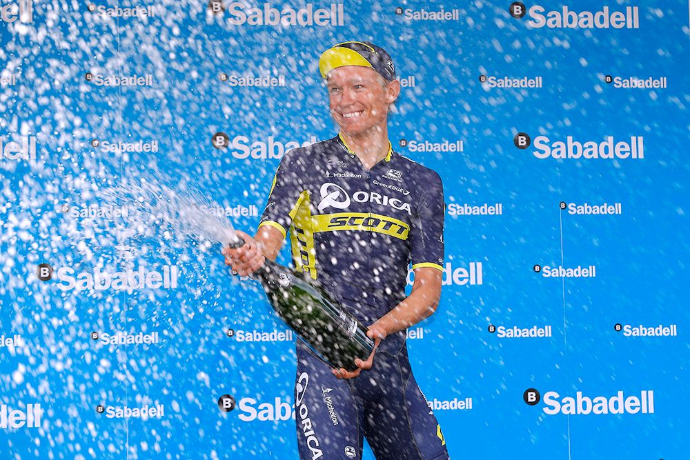 Magnus Cort Nielson celebrates on the stage 4 podium in Valencia