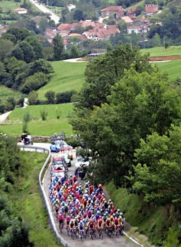 The peloton fills a narrow country road