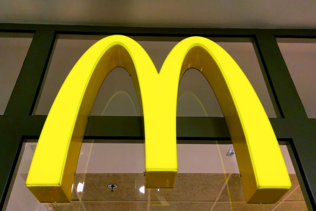 McDonald&#039;s logo on a restaurant in a shopping center in Krakow, Poland