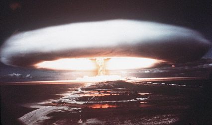 Nuclear test mushroom cloud above Mururoa Atoll