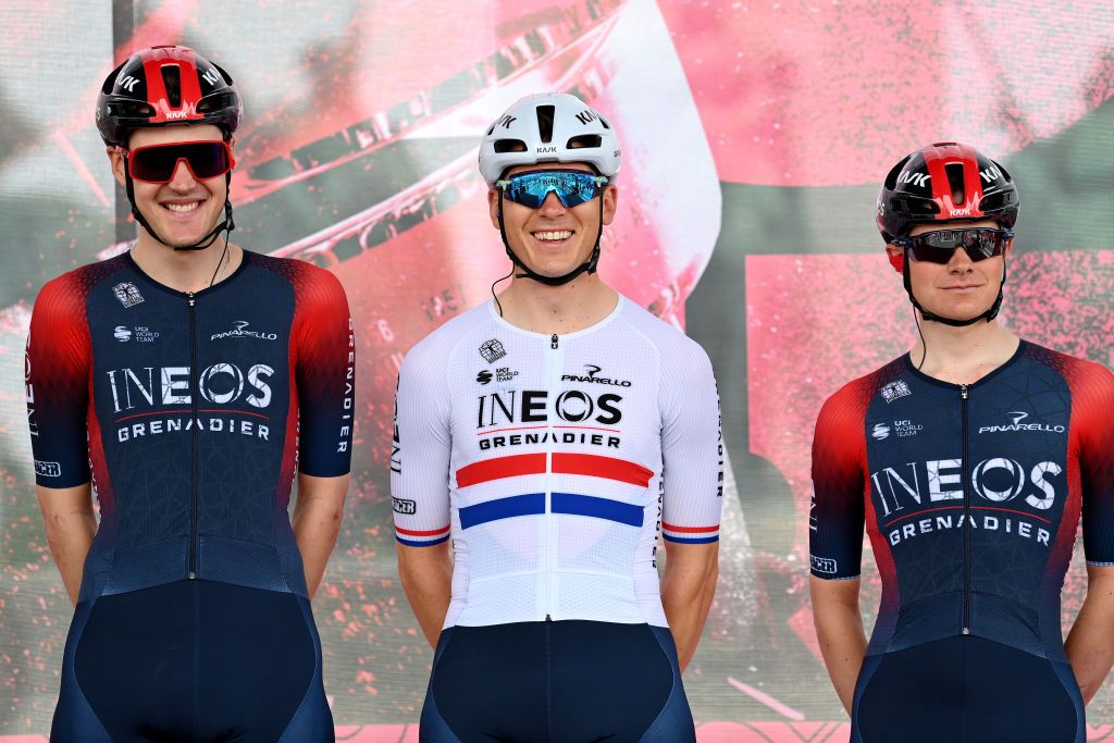 VISEGRAD HUNGARY MAY 06 LR Pavel Sivakov of Russia Ben Swift of United Kingdom and Ben Tulett of United Kingdom and Team INEOS Grenadiers during the team presentation prior to the 105th Giro dItalia 2022 Stage 1 a 195km stage from Budapest to Visegrd 337m Giro WorldTour on May 06 2022 in Visegrad Hungary Photo by Stuart FranklinGetty Images