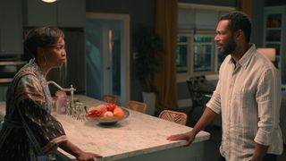 Heather Headley as Helen and Dion Johnstone as Erik in a tense conversation in Sweet Magnolias season 3