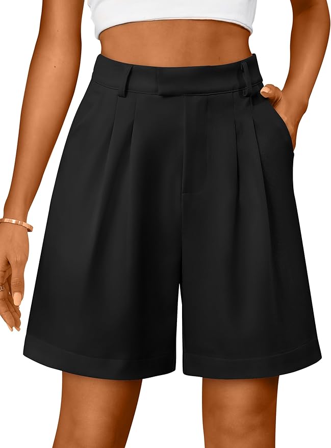 IWH, Iwh Shorts for Women High Waisted Dressy Tailored Work Shorts Pleated Business Casual Work Office 2025 Summer Trendy Trouser Linen Shorts Black X-Large