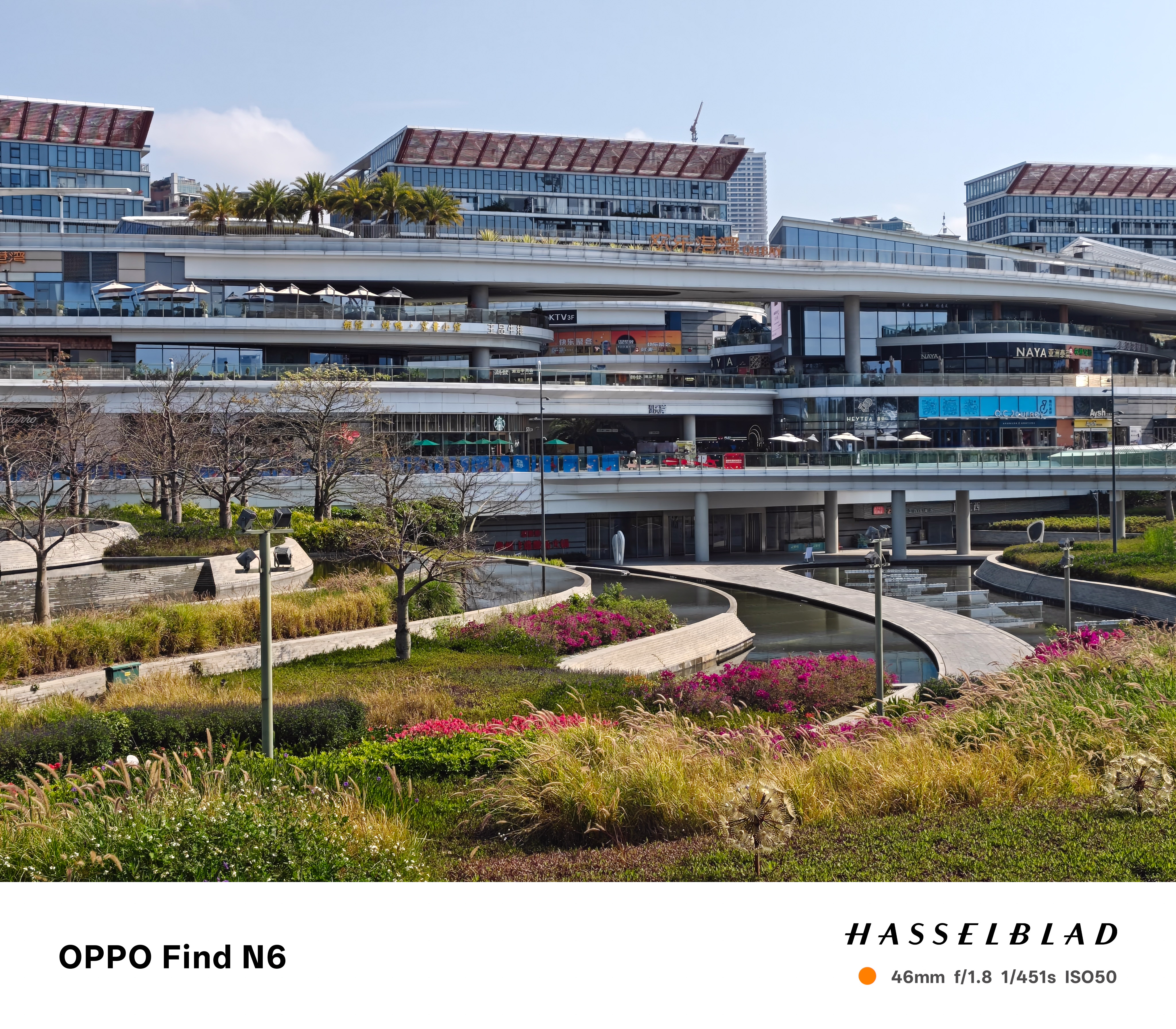 A medium-range photograph focusing on the mid-section of a modern commercial building. The image shows outdoor walkways, retail signage, and a small reflective water feature surrounded by pink flowers and greenery.