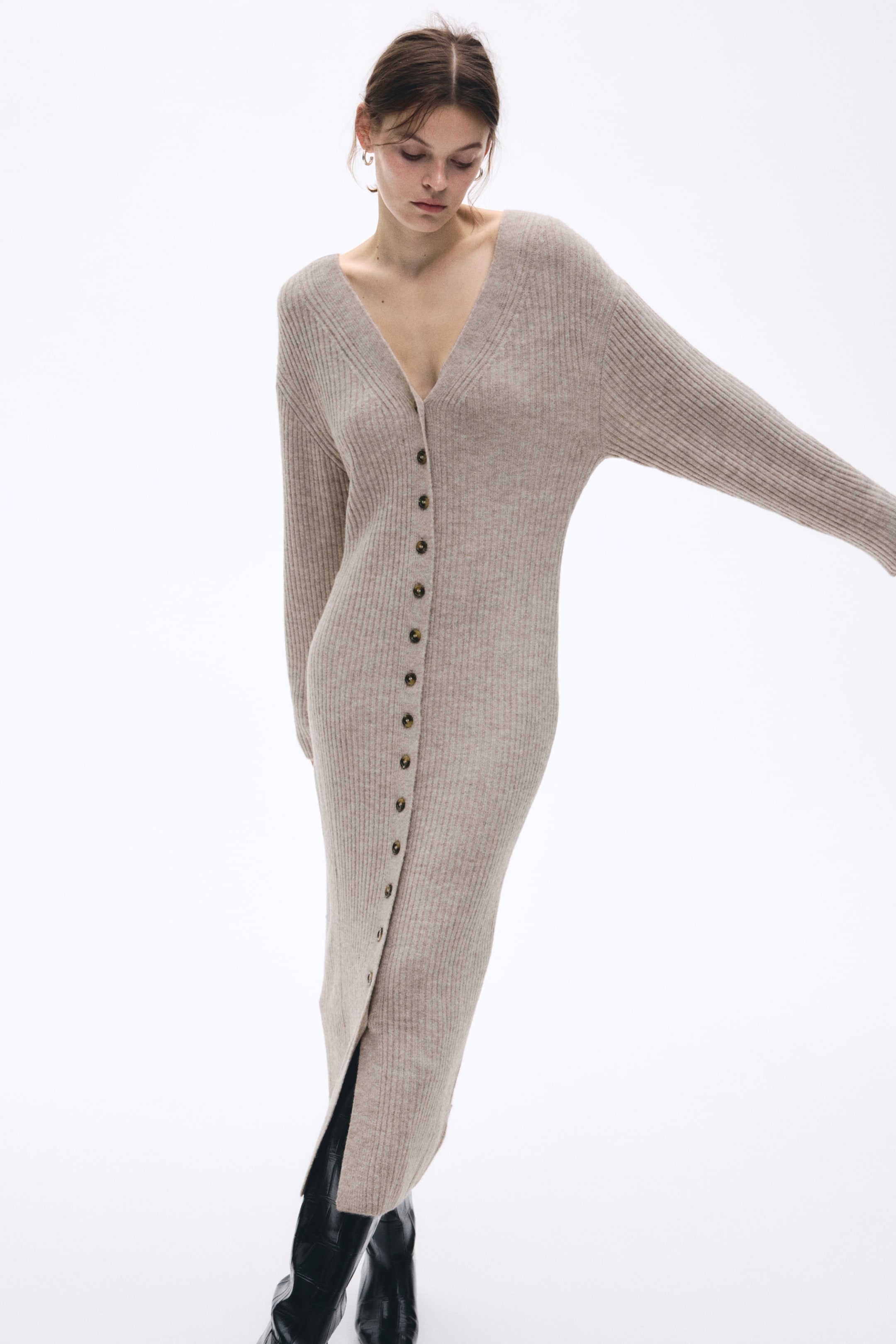 Rib-Knit Dress - Light Beige Melange