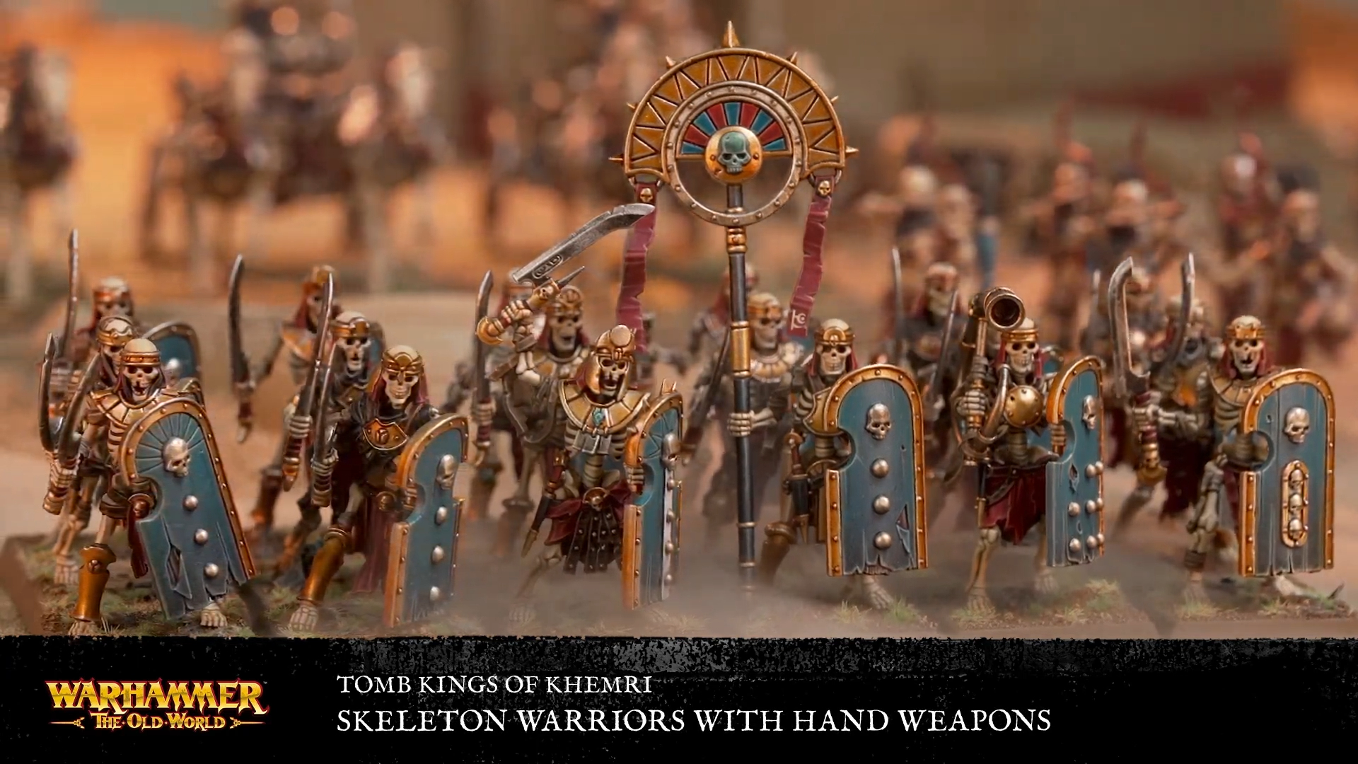 Warhammer Tomb Kings models lined up in an army