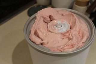 A closeup of testing banana-strawberry froyo in the Cuisinart Mix It In ICE-48 Ice Cream Maker