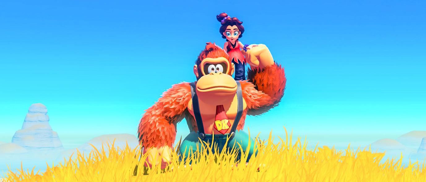 Donkey Kong with Pauline on his shoulder atop a hill in Donkey Kong Bananza