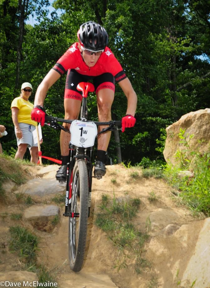 Lea Davison (Specialized) marking Gould on lap four