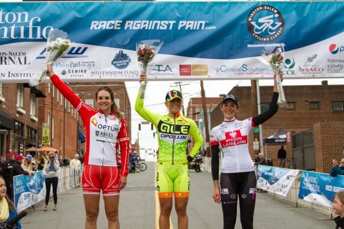The women's podium of the Winston-Salem Cycling Classic road race (from left): runner-up Joelle Numainville (Optum p/b Kelly Benefit Strategies), winner Shelley Olds (Al&eacute; Cipollini-Galassia) and third-placed Eugenia Bujak (BTC City Ljubljana).