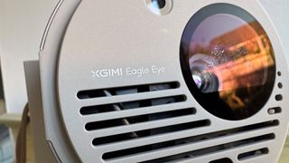 Xgimi MoGo 3 Pro portable projector close up on top showing lens and grille