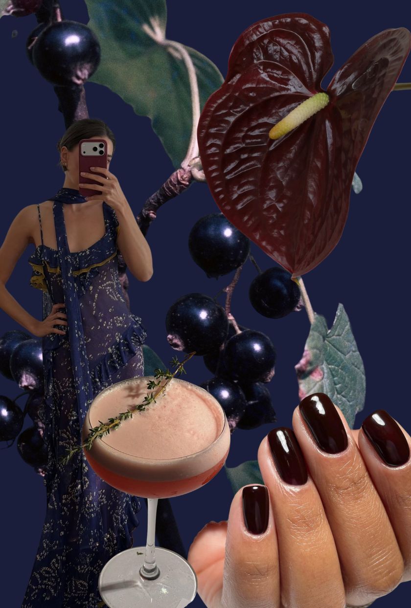 A collage showing what the matiere premiere black currant extrait smells like, featuring black currants, a woman in a purple dress, a fruity cocktail, dark red waxy flower and a dark purple manicure