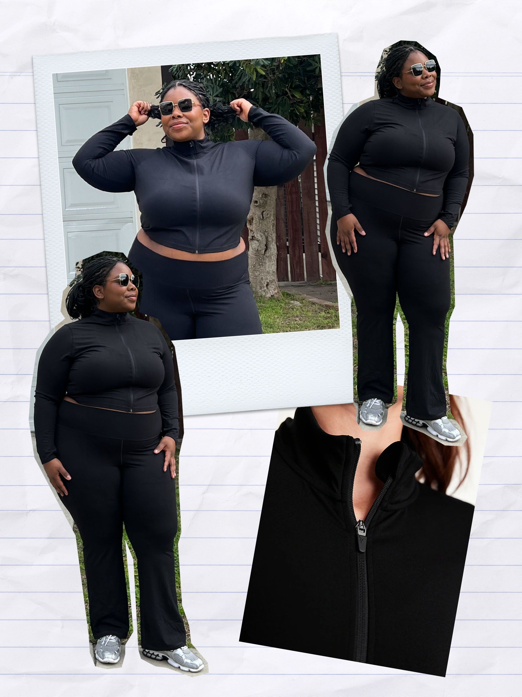 Pictured is a collage featuring images of chichi wearing Old Navy activewear sets, along with model e-commerce images of the products from the brand website.