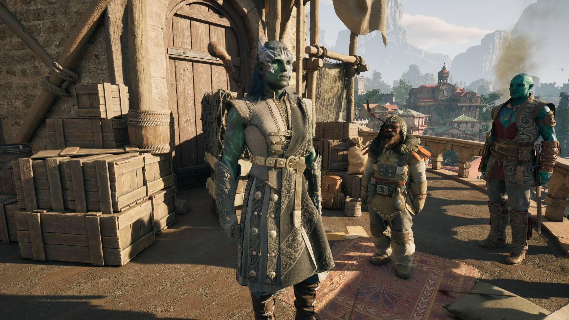 In Avowed, the aumaua Envoy stands on a tower hanging above the city of Paradis with companions Kai and Marius