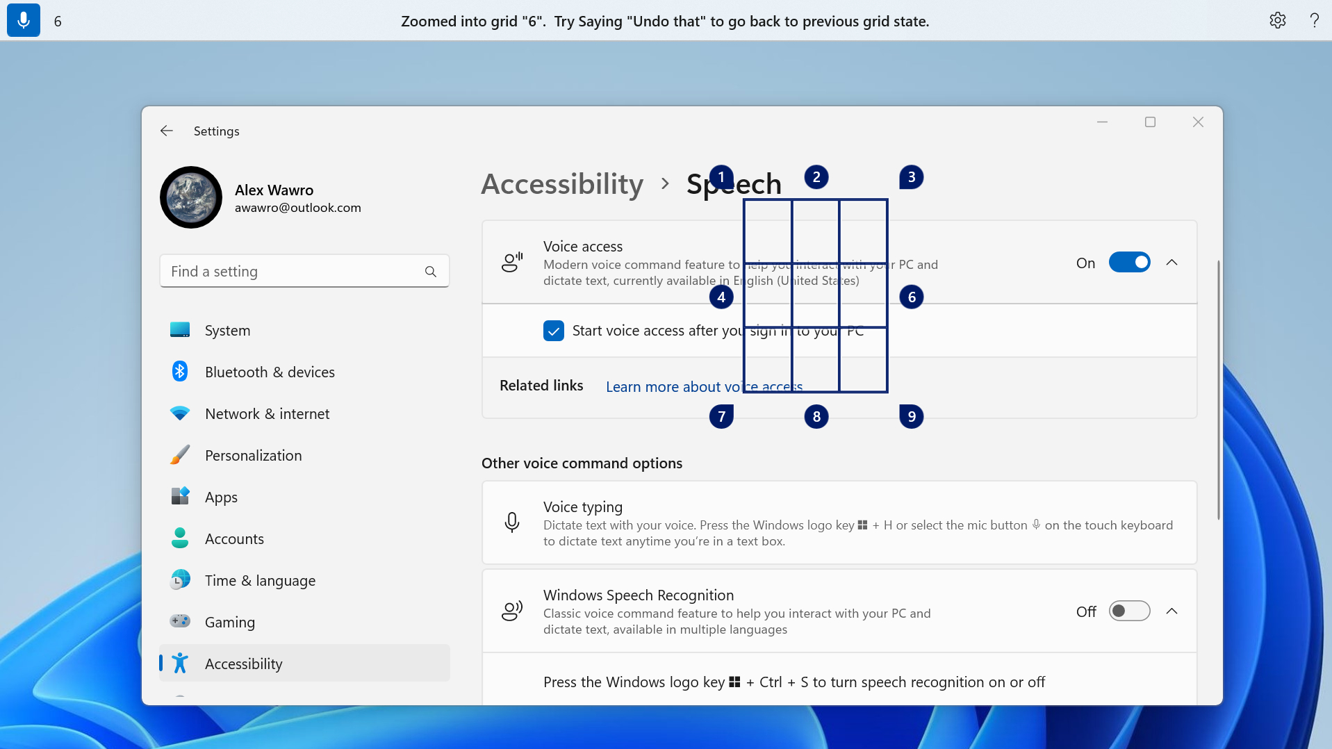 Windows 11 Voice Access-Rasterüberlagerung in Aktion