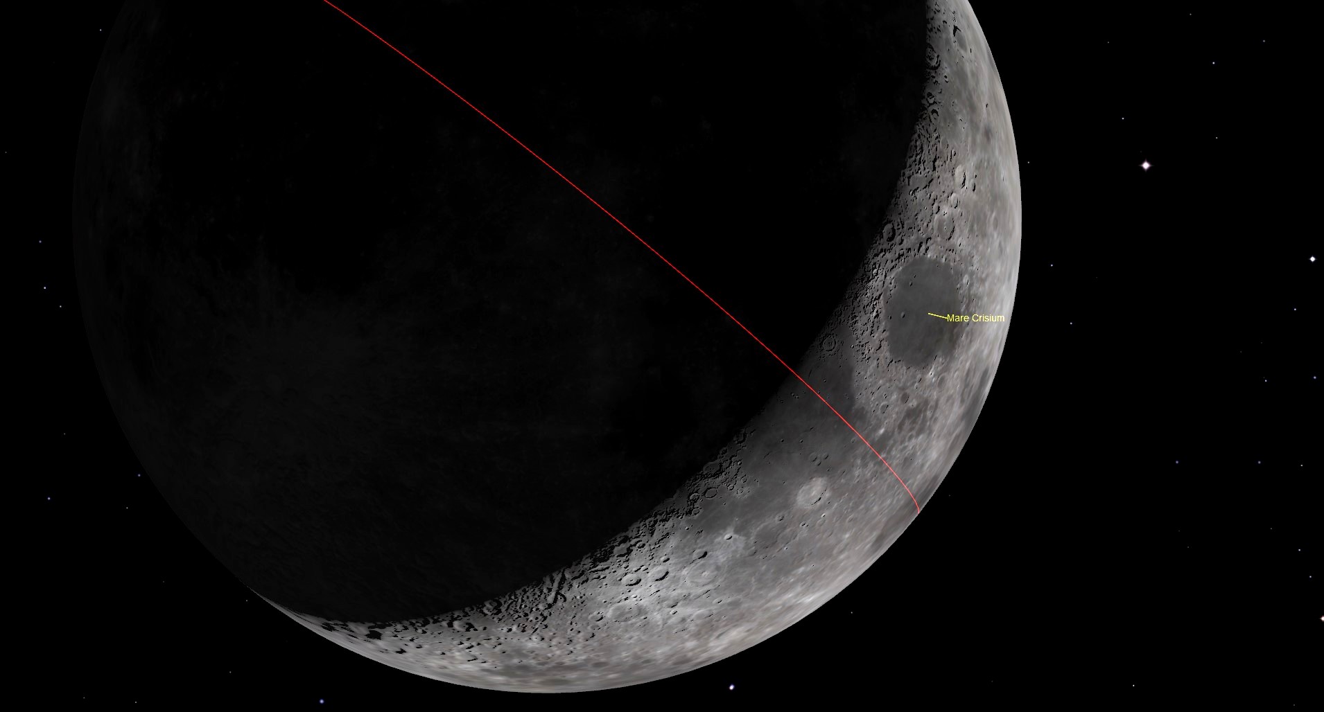 night sky map graphic showing a close up view of the moon with the Mare Crisium labelled on the right.