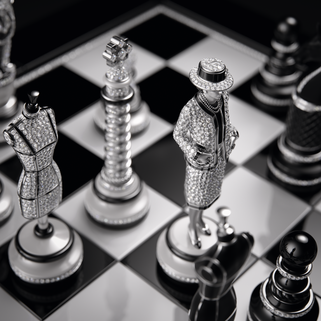 black and white Chanel chess set